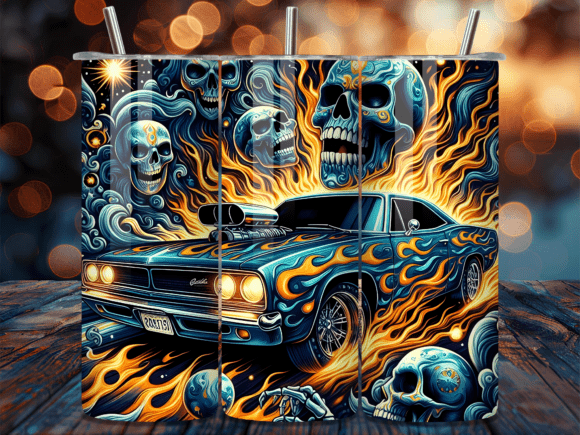 Flaming Skull Muscle Car Tumbler Wrap: Bold Design for Custom Creators