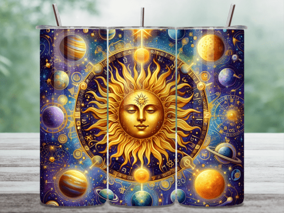 Gold Sun Tarot Zodiac Planet Tumbler: Cosmic Design for Modern Projects
