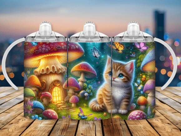 Mushrooms Kitten Sippy Cup Kids Tumbler: A Whimsical Design Asset