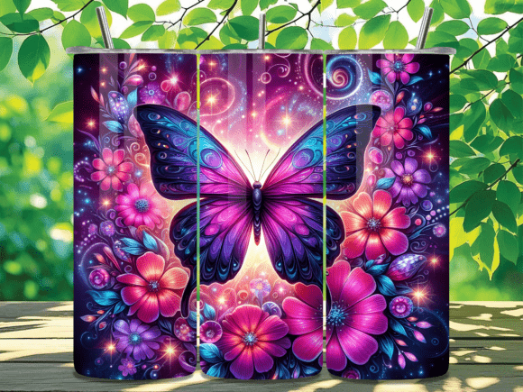 Purple Butterfly Floral Neon Tumbler Wrap: A Vibrant Design Asset