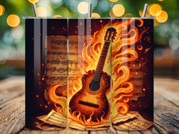 Vintage Flame Guitar Sheet Music Tumbler: A Design That Sings
